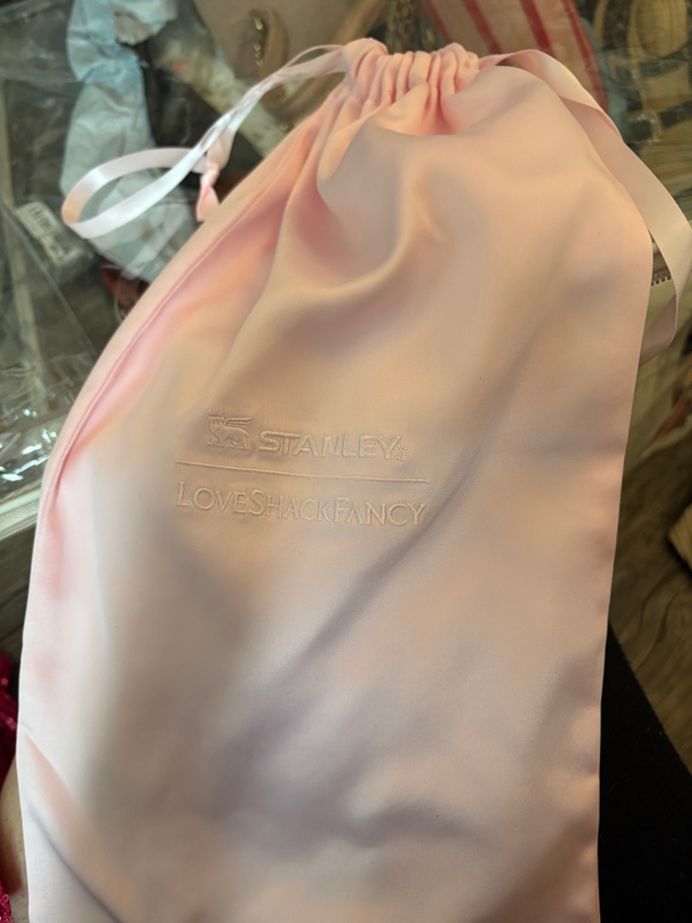 Stanley Pink Satin Drawstring Pouch with Ribbon Ties